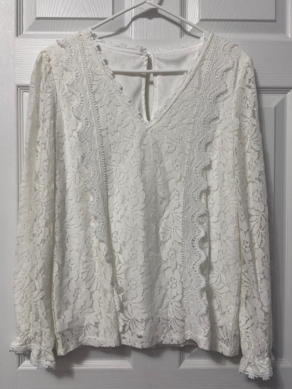 Women's White Lace V-Neck Blouse with Scalloped Trim